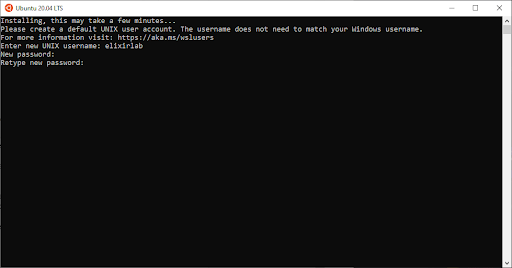 imagem do terminal do ubuntu no windows depois de instalar o ubuntu, pedindo usuário e senha para primeira configuração
