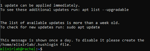 Imagem do terminal do ubuntu no windows, depois de dar certo, exibindo o texto que pede para o usuario atualizar usando ‘sudo apt update’