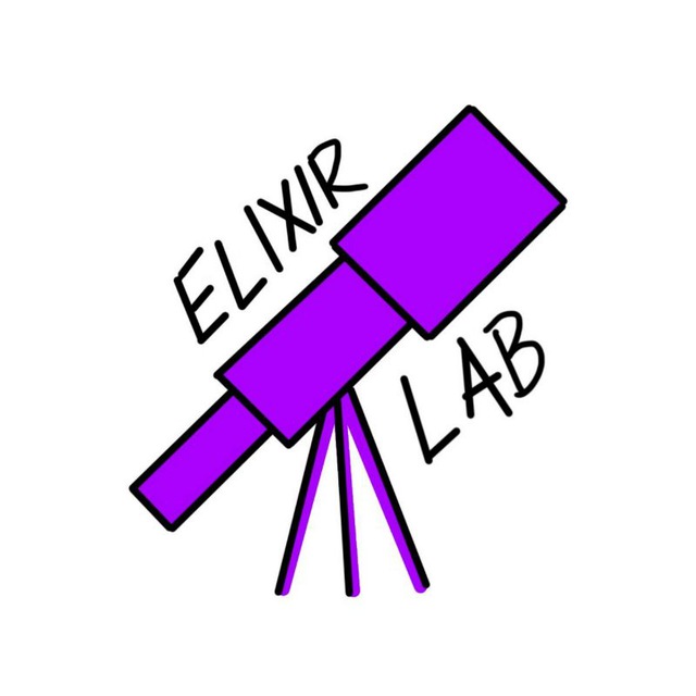 Elixir Lab logo - Desenho simplificado de um telescópio púrpura, escrito Elixir Lab